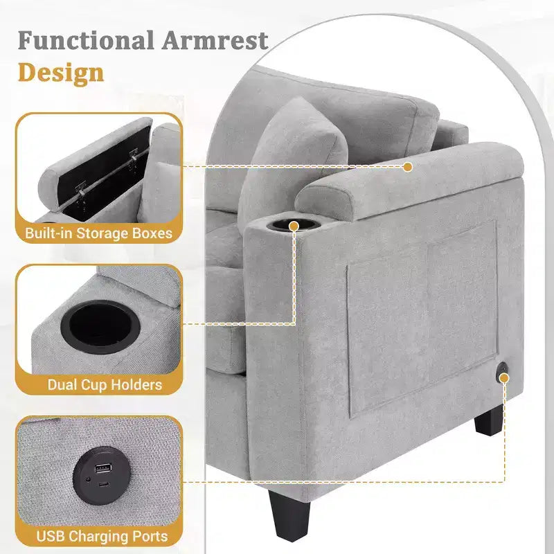 Whisen 115.7 Canapé d'angle moderne en U et grand canapé sectionnel avec porte-gobelets intégrés et espace de rangement