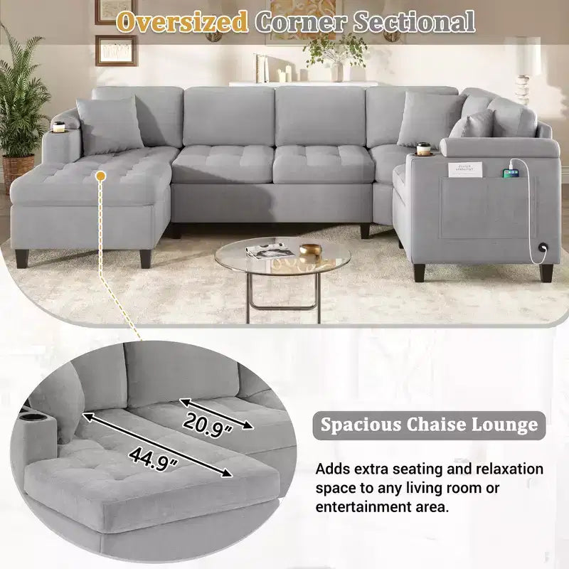 Whisen 115.7 Canapé d'angle moderne en U et grand canapé sectionnel avec porte-gobelets intégrés et espace de rangement