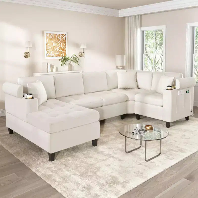 Whisen 115.7 Modern U-shaped Sectional Sofa & Oversized Sectional Couch with Built-in Cup Holders, Storage Space
