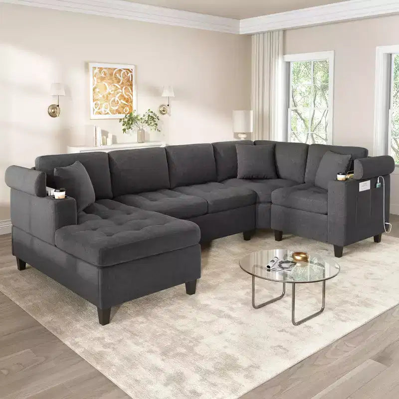 Whisen 115.7 Modern U-shaped Sectional Sofa & Oversized Sectional Couch with Built-in Cup Holders, Storage Space