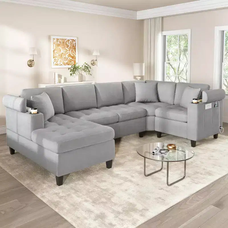 Whisen 115.7 Modern U-shaped Sectional Sofa & Oversized Sectional Couch with Built-in Cup Holders, Storage Space