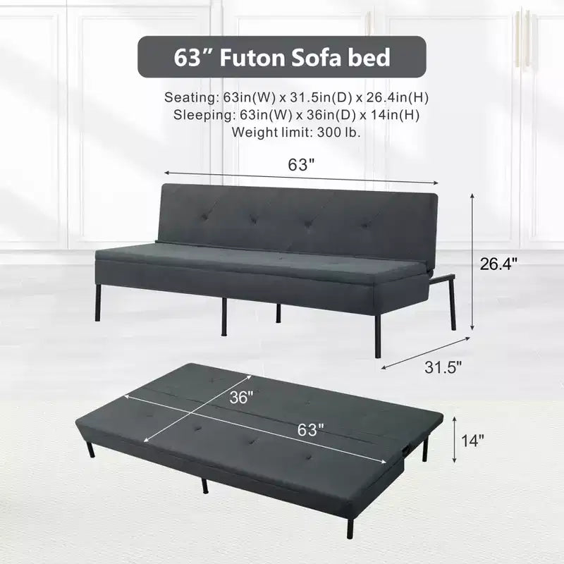 MAYEERTY 63.39 Futon Sofa Bed - 5-Position Adjustable Backrest, Full Iron Frame, Polyester Upholstery