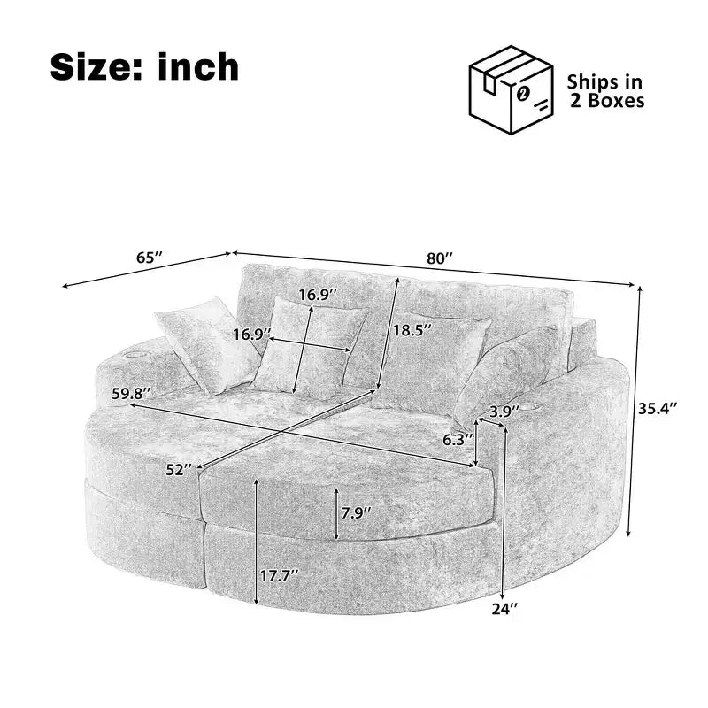 Whisen 80 Curved Chaise Lounge Sofa & Boneless Couch, Full-Compressed Sofa Bed with Two Cup Holders