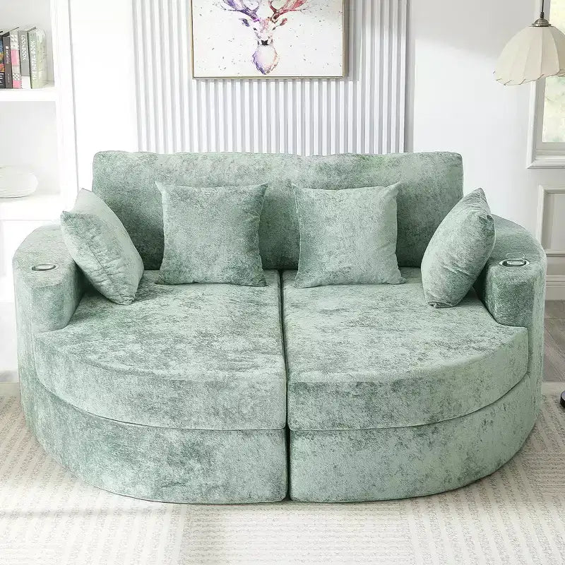 Whisen 80 Curved Chaise Lounge Sofa & Boneless Couch, Full-Compressed Sofa Bed with Two Cup Holders