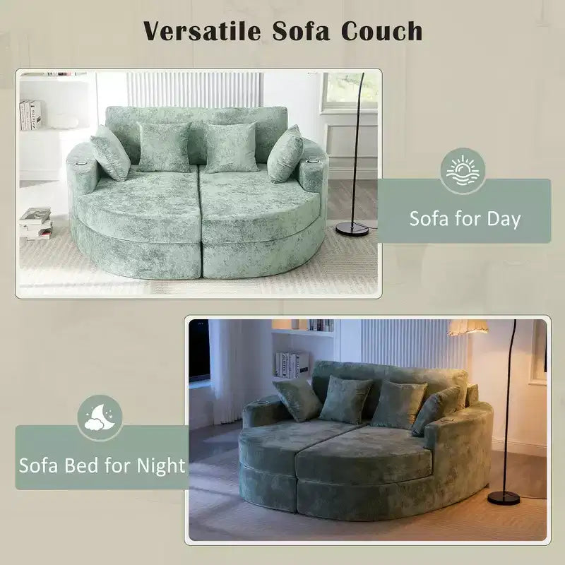Whisen 80 Curved Chaise Lounge Sofa & Boneless Couch, Full-Compressed Sofa Bed with Two Cup Holders