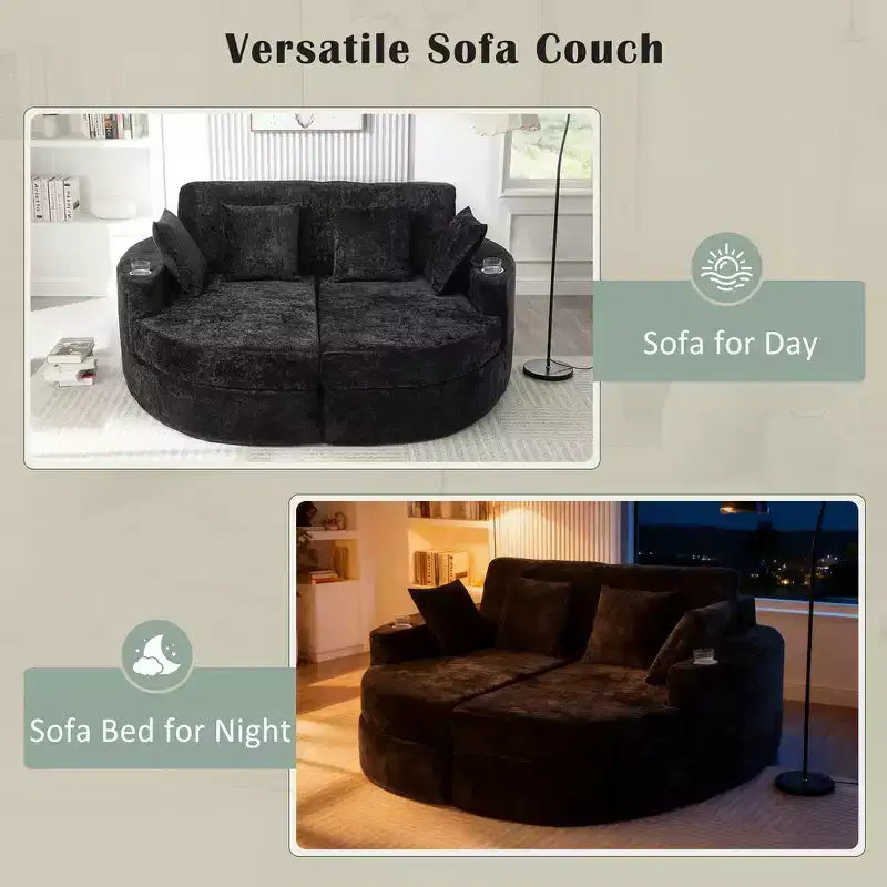 Whisen 80 Curved Chaise Lounge Sofa & Boneless Couch, Full-Compressed Sofa Bed with Two Cup Holders