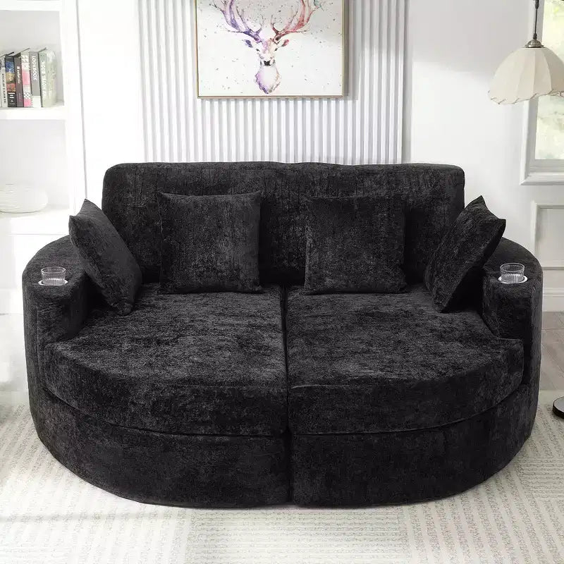 Whisen 80 Curved Chaise Lounge Sofa & Boneless Couch, Full-Compressed Sofa Bed with Two Cup Holders