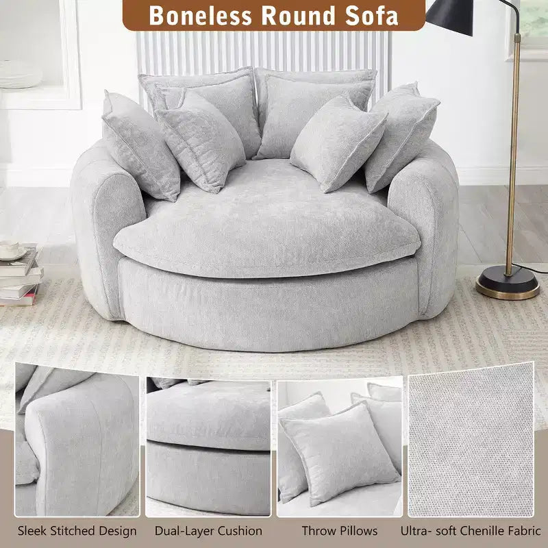 Whisen 59.8 Round Chaise Sofa Loaf Sofa Boneless Round Couch, Full-Compressed Sofa Bed with 8 Throw Pillows