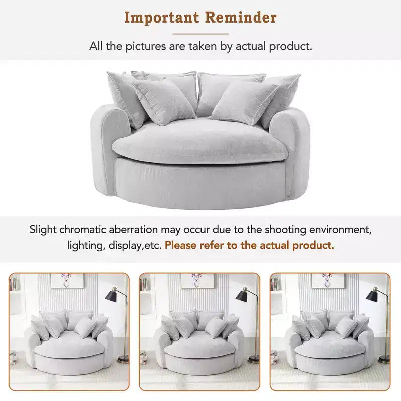 Whisen 59.8 Round Chaise Sofa Loaf Sofa Boneless Round Couch, Full-Compressed Sofa Bed with 8 Throw Pillows