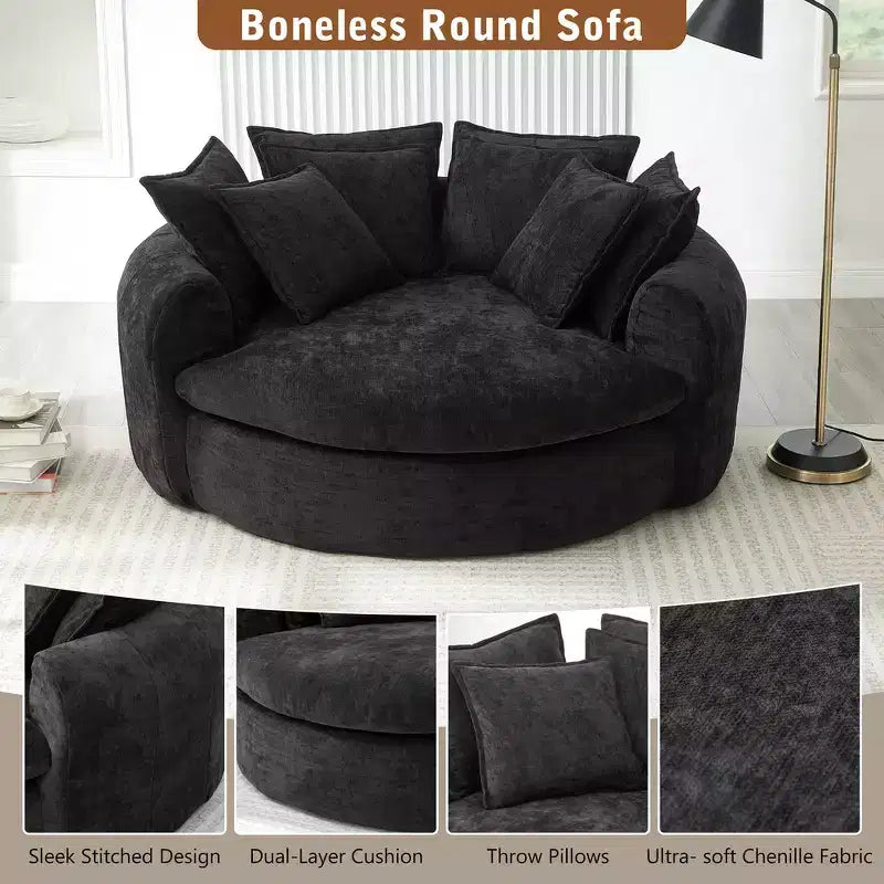 Whisen 59.8 Round Chaise Sofa Loaf Sofa Boneless Round Couch, Full-Compressed Sofa Bed with 8 Throw Pillows