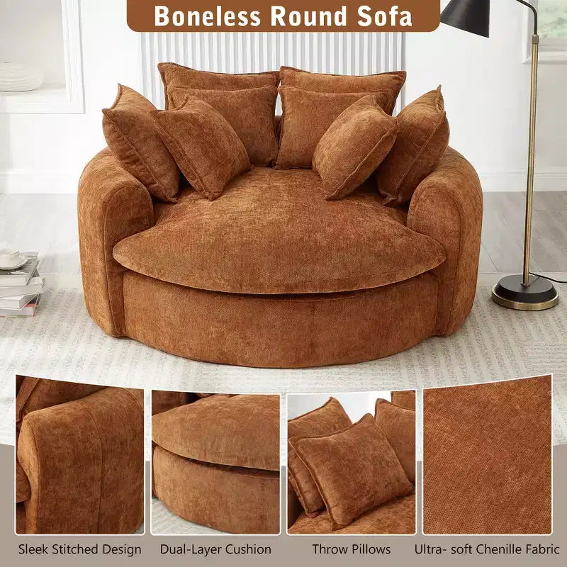 Whisen 59.8 Round Chaise Sofa Loaf Sofa Boneless Round Couch, Full-Compressed Sofa Bed with 8 Throw Pillows