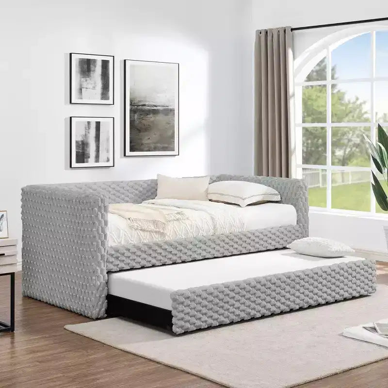 EHMKNP Twin Size Daybed, Upholstered sofa bed,The bottom pulls out to form a bed,Plaid