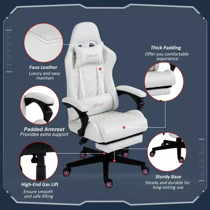 High Back PU Leather Gaming Chair, Racing Computer Chair with Swivel Wheels, Retractable Footrest, Headrest, Lumbar Support, and Armrest