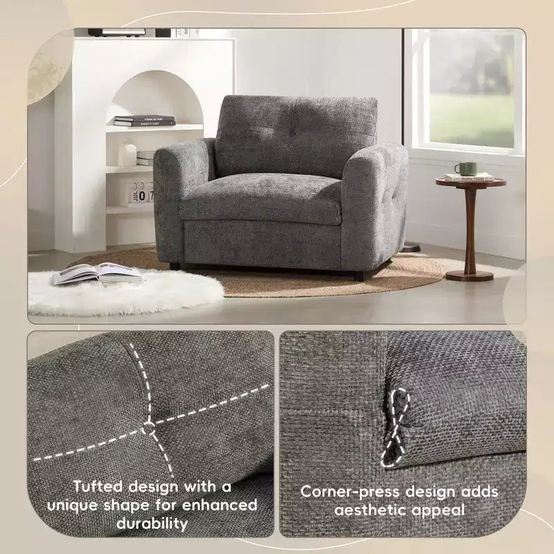 Fauteuil en chenille EHMKNP à assise large avec deux ports de charge - Canapé simple capitonné pour salon et appartement