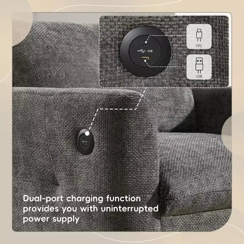 Fauteuil en chenille EHMKNP à assise large avec deux ports de charge - Canapé simple capitonné pour salon et appartement