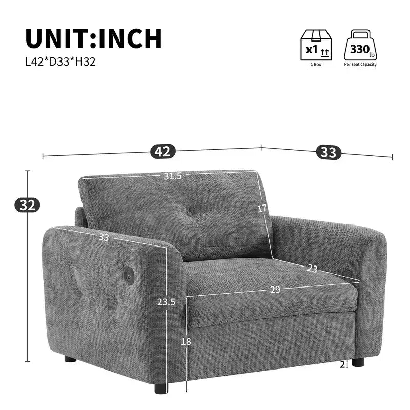 Fauteuil en chenille EHMKNP à assise large avec deux ports de charge - Canapé simple capitonné pour salon et appartement