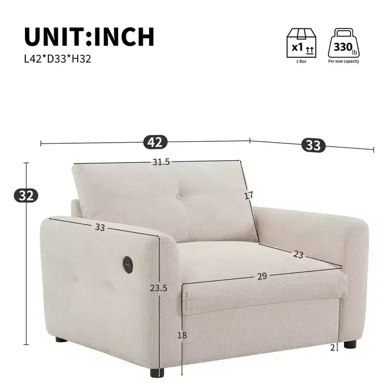 Fauteuil en chenille EHMKNP à assise large avec deux ports de charge - Canapé simple capitonné pour salon et appartement