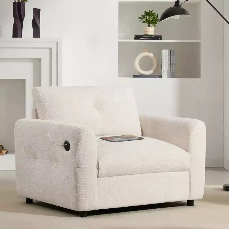 EHMKNP Wide Seat Chenille Armchair with Dual Charging Ports  Tufted Single Sofa for Living Room & Apartment