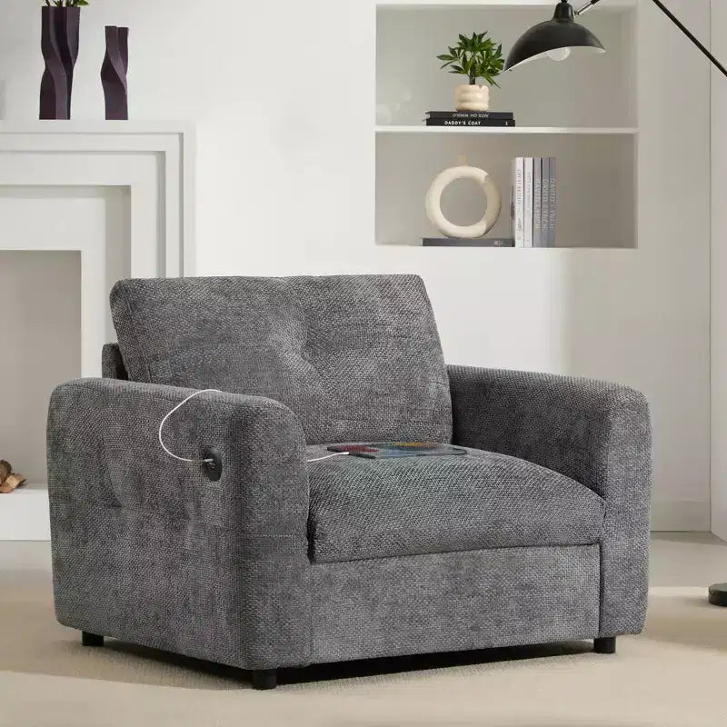 EHMKNP Wide Seat Chenille Armchair with Dual Charging Ports  Tufted Single Sofa for Living Room & Apartment