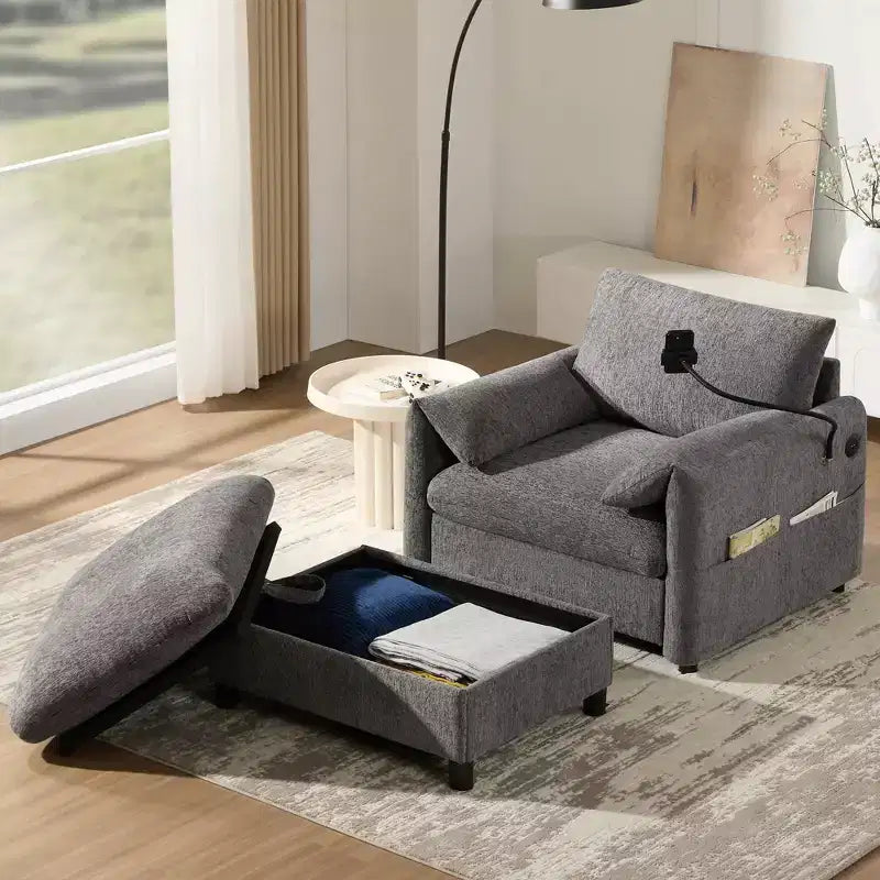 EHMKNP Chenille Single Sofa with Storage Ottoman & Adjustable Phone Holder  USB Charging Port, Side Pockets, Pillow-Like Armrests