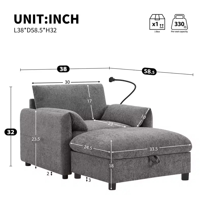 Fauteuil simple EHMKNP en chenille avec pouf de rangement et support de téléphone réglable, port de chargement USB, poches latérales, accoudoirs rembourrés
