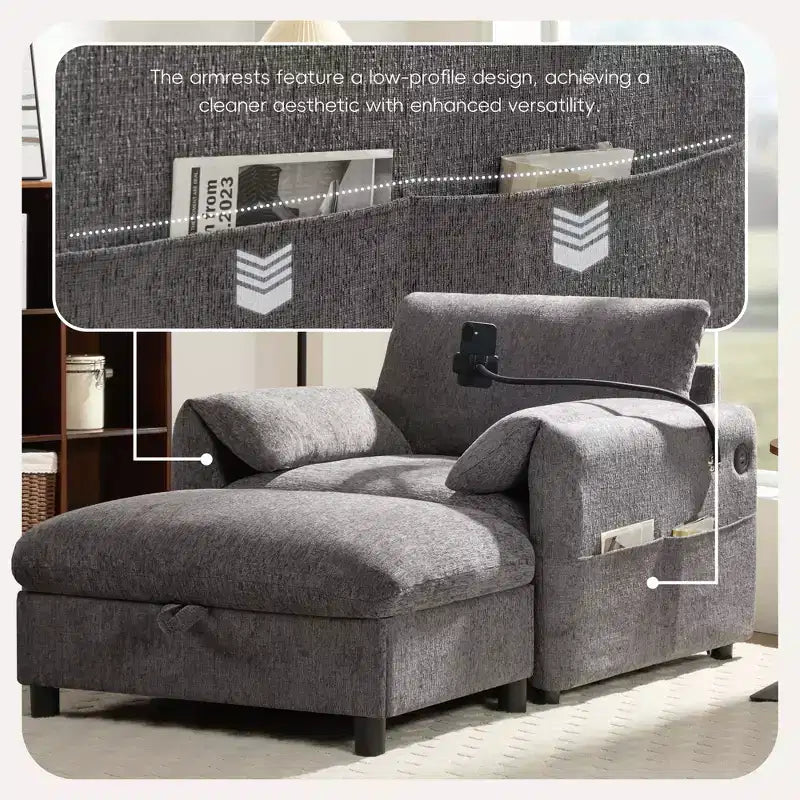 Fauteuil simple EHMKNP en chenille avec pouf de rangement et support de téléphone réglable, port de chargement USB, poches latérales, accoudoirs rembourrés