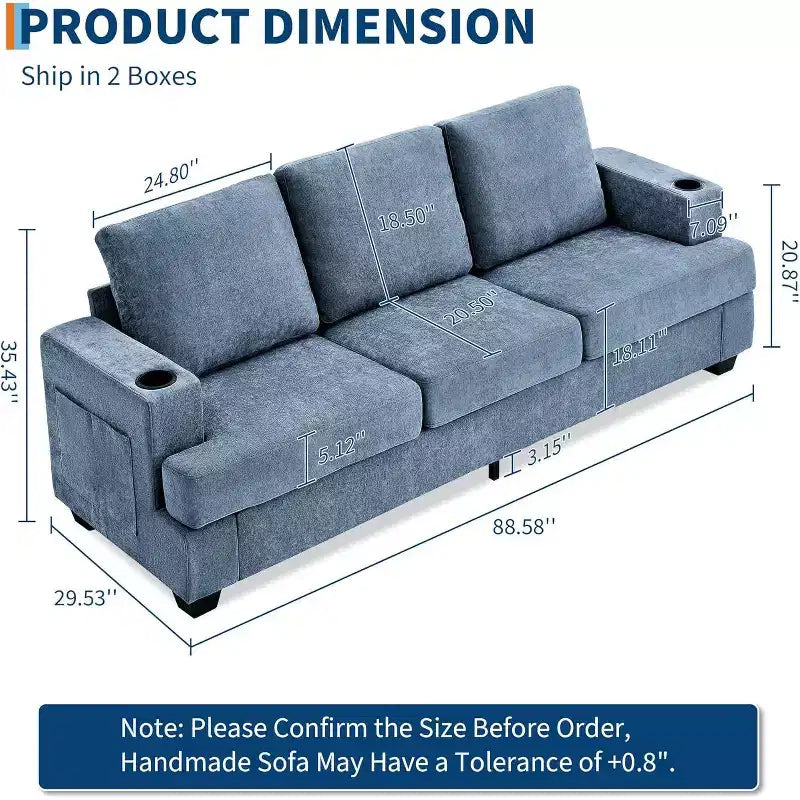 Garvee 89 Canapé moderne pour salon, canapé 3 places confortable avec assise profonde, canapé en chenille avec porte-gobelets et poches de rangement latérales
