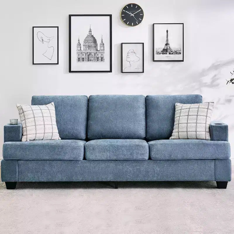 Garvee 89 Canapé moderne pour salon, canapé 3 places confortable avec assise profonde, canapé en chenille avec porte-gobelets et poches de rangement latérales
