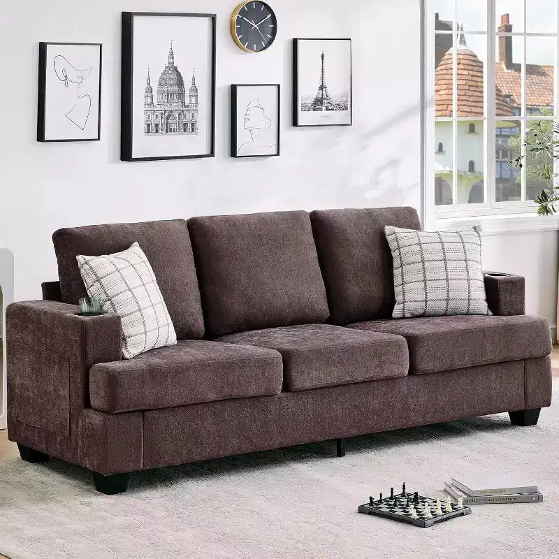 Garvee 89 Modern Sofa for Living Room, 3-Seater Comfy Couches with Deep Seat, Chenille Couch with Cup Holders and Side Storage Pockets