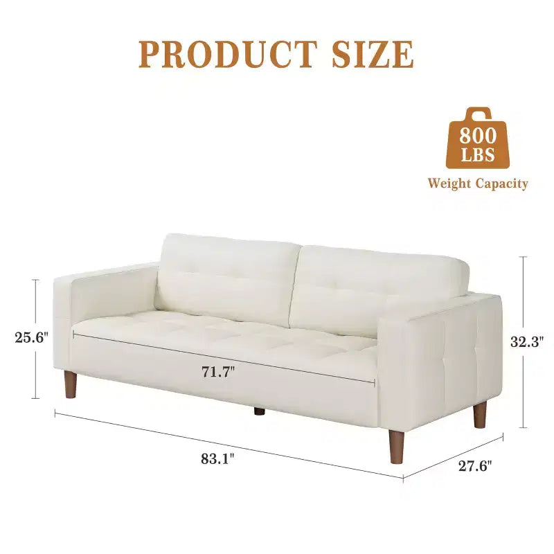 Canapé 3 places en similicuir de 83 po de large, avec sièges profonds, coussin à ressorts et 2 coussins de dossier amovibles, pour salon, chambre et bureau