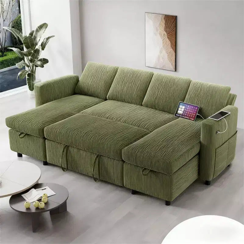 Dyonery 105-inch four-seat pull-out bed with storage space and side pockets, adjustable backrest, convertible sofa bed, corduroy
