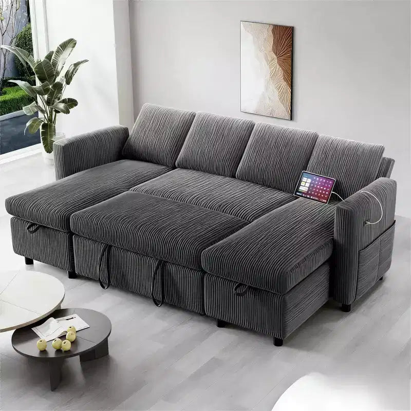 Dyonery 105-inch four-seat pull-out bed with storage space and side pockets, adjustable backrest, convertible sofa bed, corduroy