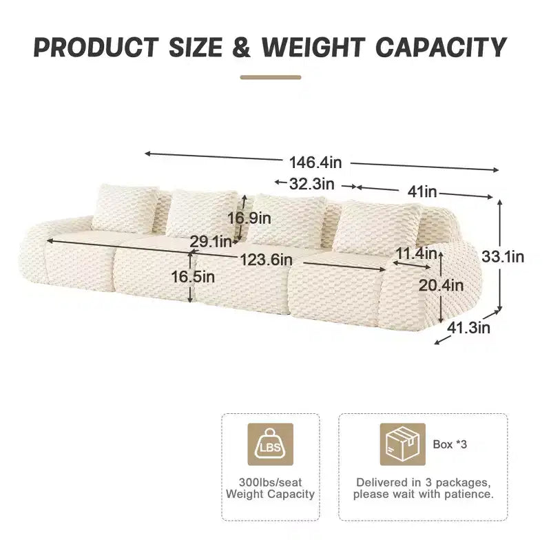 114 U-Shaped Modular Sofa Flannelette 3-Seater Ottoman Buckle No Assembly Cream