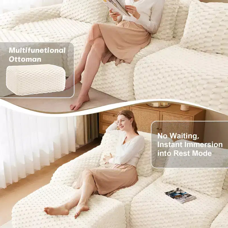 114 U-Shaped Modular Sofa Flannelette 3-Seater Ottoman Buckle No Assembly Cream