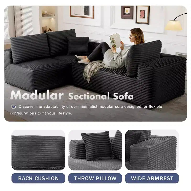 PexFix Modular Sectional Sofa with L-Shape Chaise Modern Upholstered Cloud Couches with Throw Pillows for Living Room Bedroom