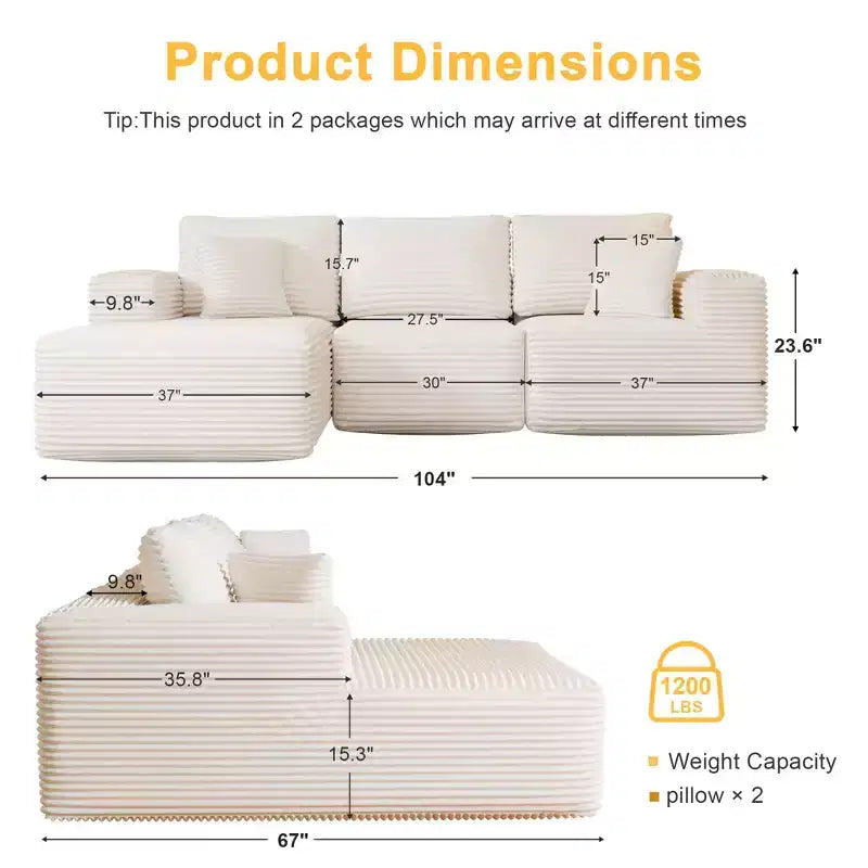PexFix Modular Sectional Sofa with L-Shape Chaise Modern Upholstered Cloud Couches with Throw Pillows for Living Room Bedroom