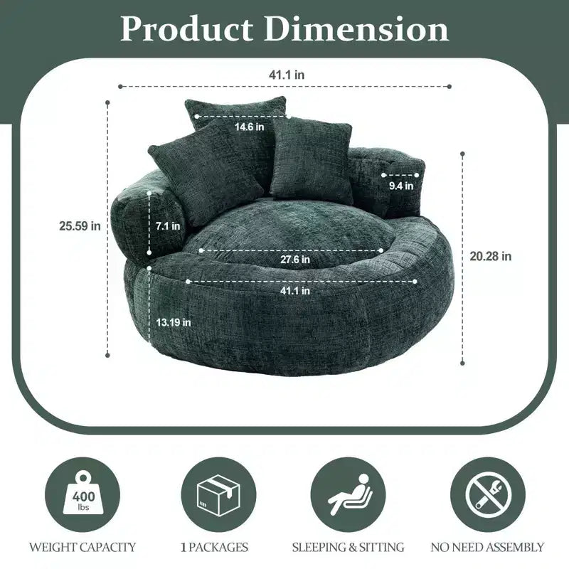 Efomao Round Ultra Soft Chenille Foam Bean Bag Chair - Oversized Comfy with Armrests & 3 Pillows - for Adults/Teens (Green)