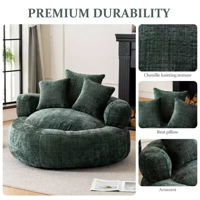 Efomao Round Ultra Soft Chenille Foam Bean Bag Chair - Oversized Comfy with Armrests & 3 Pillows - for Adults/Teens (Green)