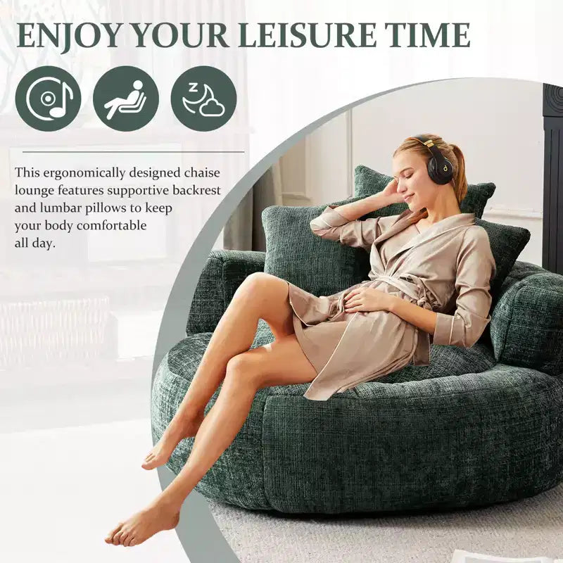 Efomao Round Ultra Soft Chenille Foam Bean Bag Chair - Oversized Comfy with Armrests & 3 Pillows - for Adults/Teens (Green)