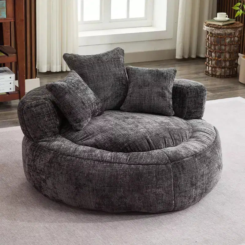 Efomao Round Ultra Soft Chenille Foam Bean Bag Chair - Oversized Comfy with Armrests & 3 Pillows - for Adults/Teens (Black)