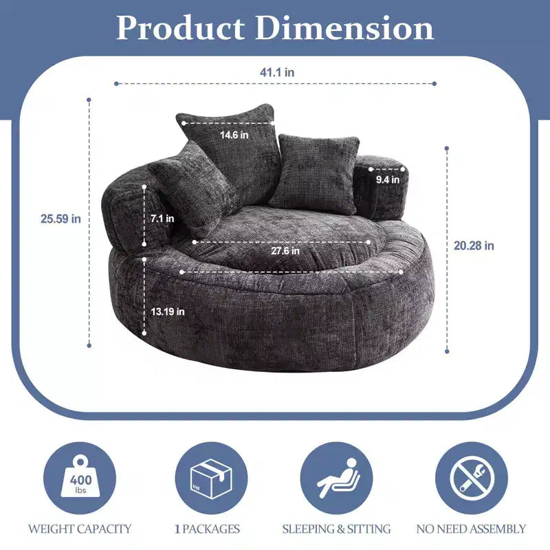 Pouf géant ultra doux en chenille et mousse Efomao avec accoudoirs et 3 oreillers - pour adultes/adolescents (noir)