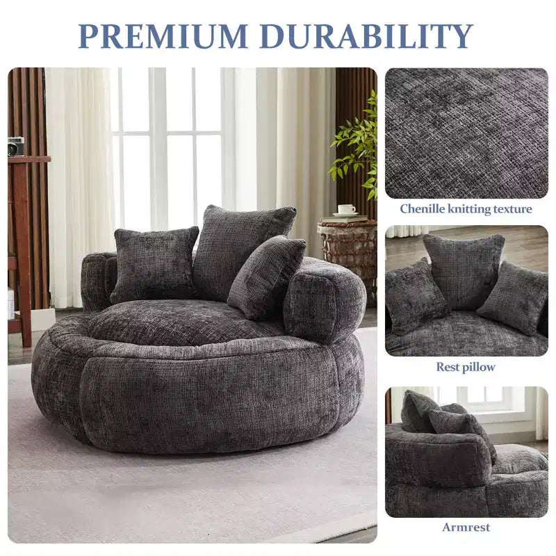 Pouf géant ultra doux en chenille et mousse Efomao avec accoudoirs et 3 oreillers - pour adultes/adolescents (noir)