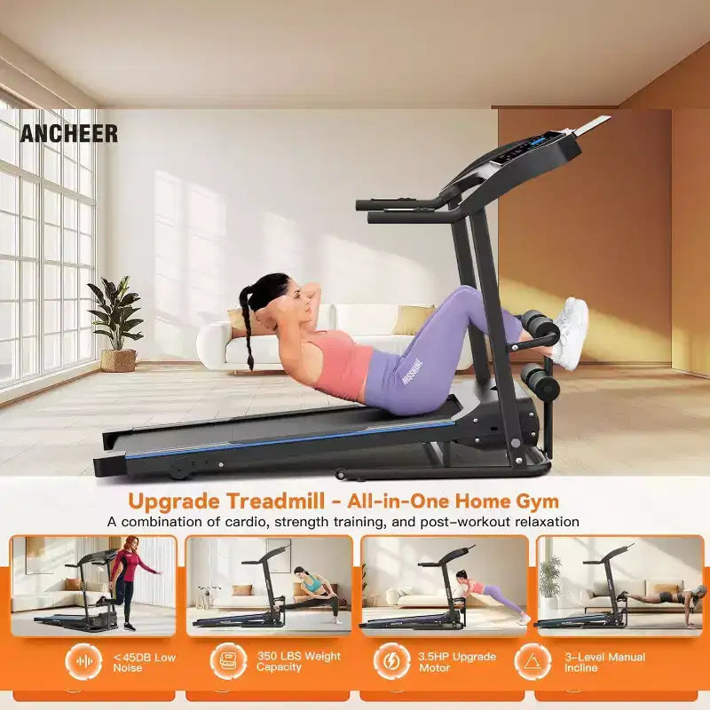 Tapis de course pliable KRISRATE avec banc d'abdominaux, tapis de course portable 3,5 CV amélioré en 2025 pour la maison avec inclinaison, écran LCD intelligent pour la masse grasse et la fréquence cardiaque