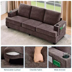 Modern 89 in 3-Seater Sofa for Living Room, Comfy Couches with Deep Seat,Chenille Couch with Cup Holders and Side Storage Pockets for Apartment Lounge