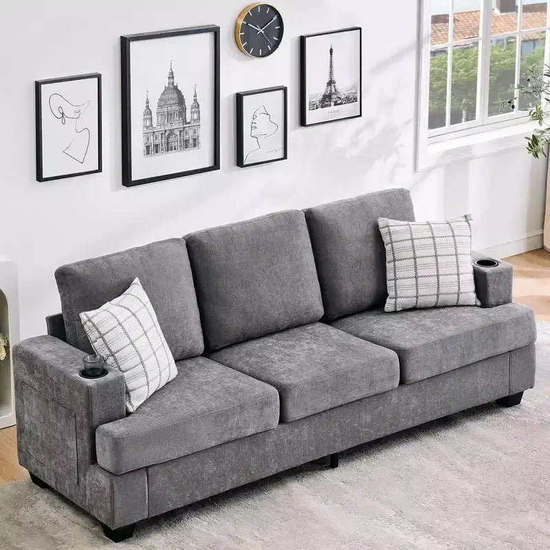 Modern 89 in 3-Seater Sofa for Living Room, Comfy Couches with Deep Seat,Chenille Couch with Cup Holders and Side Storage Pockets for Apartment Lounge