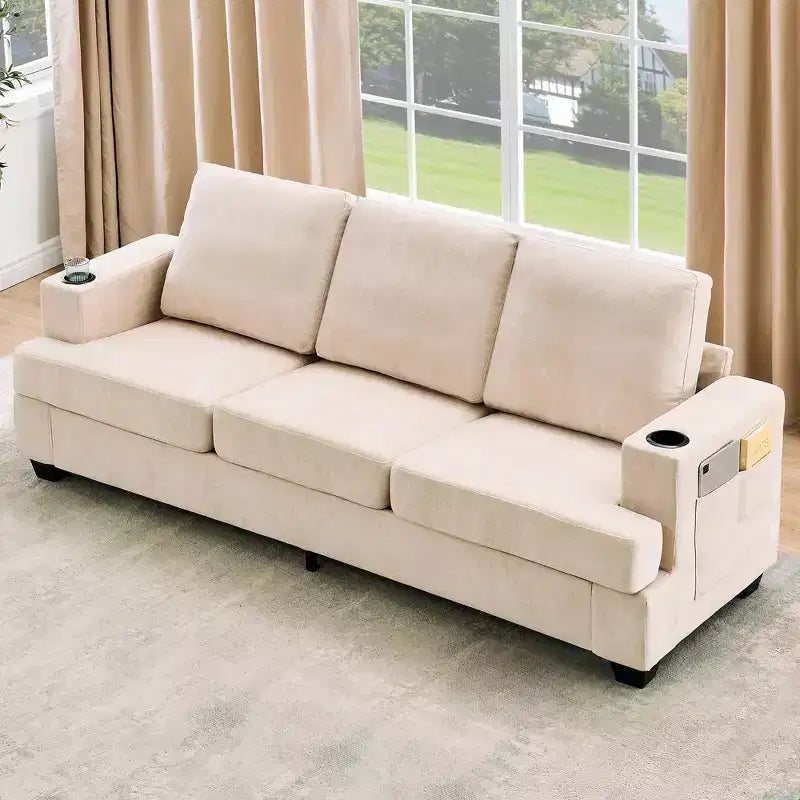 Canapé moderne 88 avec accoudoirs moelleux, canapé 3 places rembourré avec porte-gobelets et poches latérales, canapé profond pour salon et chambre à coucher