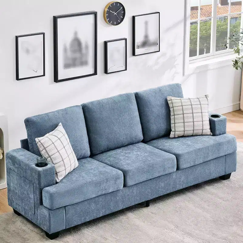 88 Modern Sofa Couch With Soft Armrest, 3 Seater Upholstered Sofa with Cup Holders & Side Pockets, Deep Seat Couch for Living Room Bedroom