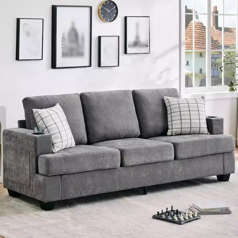 88 Modern Sofa Couch With Soft Armrest, 3 Seater Upholstered Sofa with Cup Holders & Side Pockets, Deep Seat Couch for Living Room Bedroom