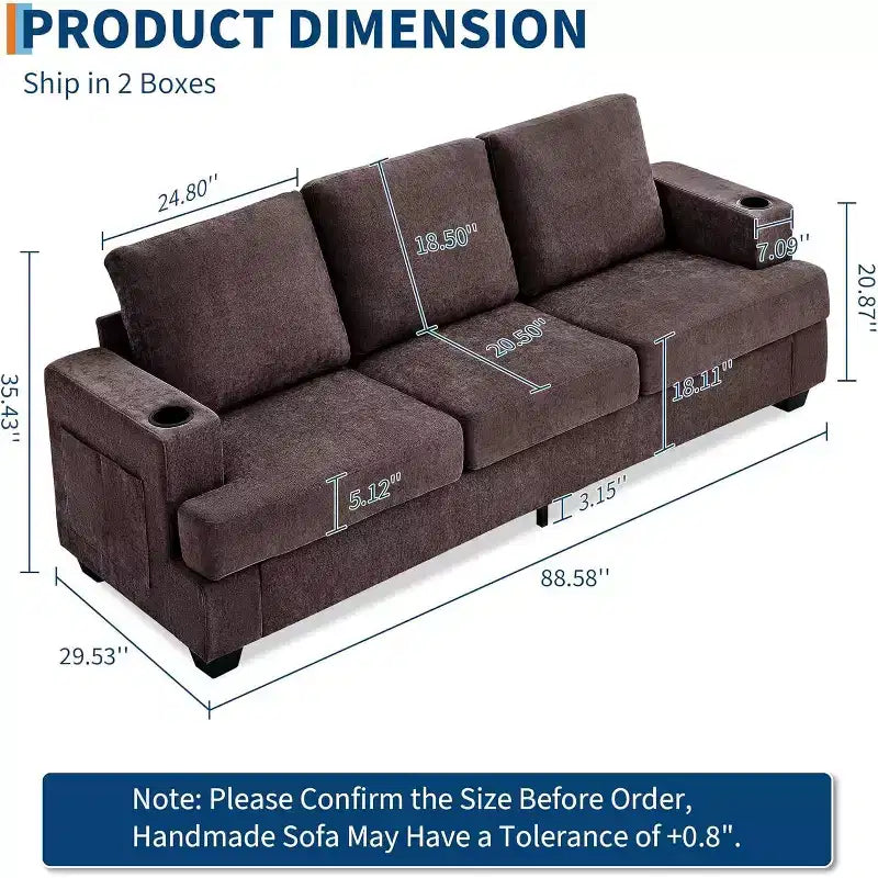 COZONY 89 3-Seater Modern Chenille Sofa with Deep Seats, Cup Holders & Side Storage Pockets, Upholstered Couch for Living Room or Apartment Lounge