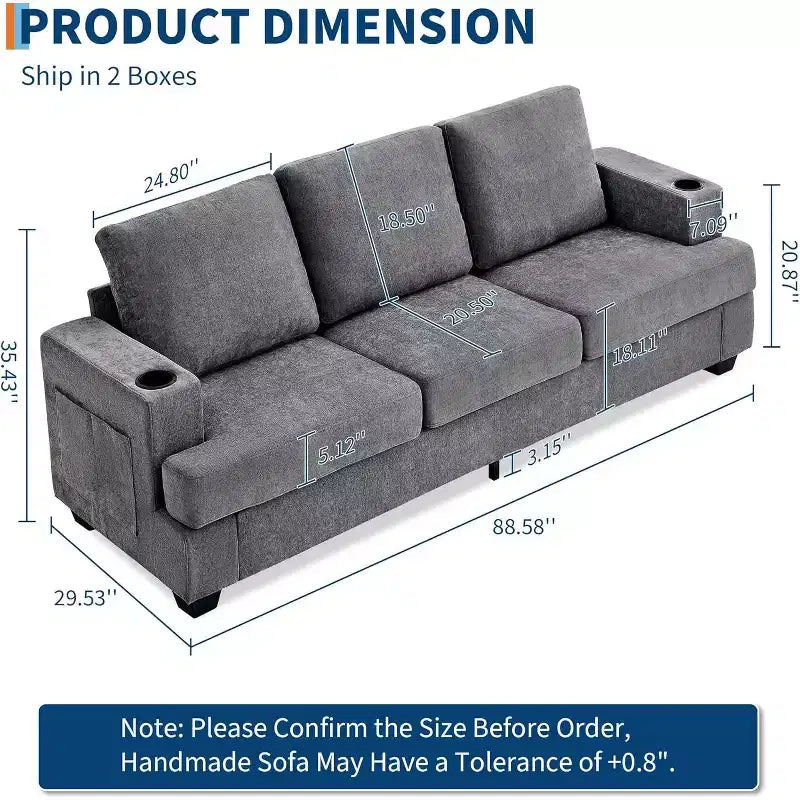 COZONY 89 3-Seater Modern Chenille Sofa with Deep Seats, Cup Holders & Side Storage Pockets, Upholstered Couch for Living Room or Apartment Lounge
